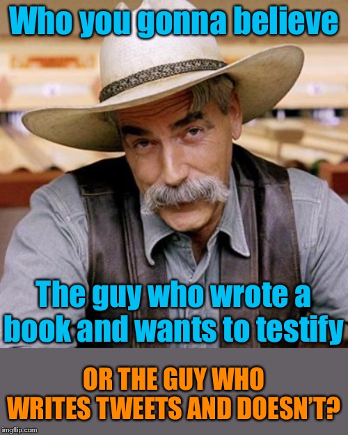 When the President of the United States will only bother to answer Impeachment charges by Twitter. | Who you gonna believe; The guy who wrote a book and wants to testify; OR THE GUY WHO WRITES TWEETS AND DOESN’T? | image tagged in sarcasm cowboy | made w/ Imgflip meme maker