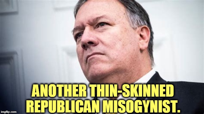 These Republican he-man blow-hards fall apart when a smart woman says "no." A macho man becomes a snowflake with one syllable. | ANOTHER THIN-SKINNED REPUBLICAN MISOGYNIST. | image tagged in pompeo angry at women,pompeo,misogynist,hater | made w/ Imgflip meme maker