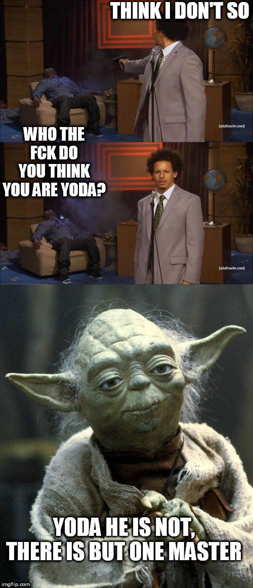 THE ONLY ONE YODA IS! | THINK I DON'T SO; WHO THE FCK DO YOU THINK YOU ARE YODA? YODA HE IS NOT, THERE IS BUT ONE MASTER | image tagged in memes,who killed hannibal,yoda wisdom,yes he is the master | made w/ Imgflip meme maker