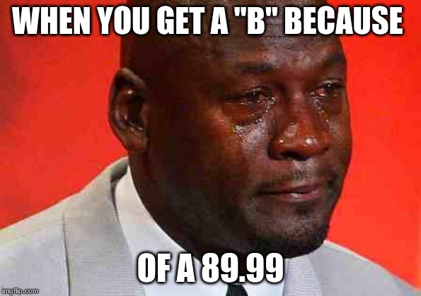 crying michael jordan | WHEN YOU GET A "B" BECAUSE; OF A 89.99 | image tagged in crying michael jordan | made w/ Imgflip meme maker