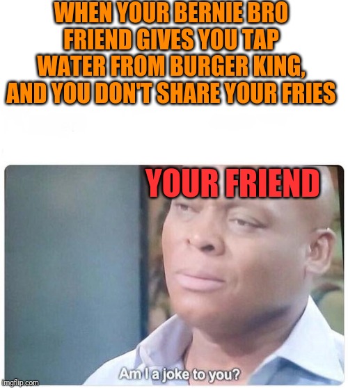 Am I a joke to you | WHEN YOUR BERNIE BRO FRIEND GIVES YOU TAP WATER FROM BURGER KING, AND YOU DON'T SHARE YOUR FRIES; YOUR FRIEND | image tagged in am i a joke to you | made w/ Imgflip meme maker
