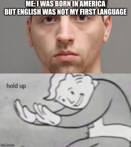 wait.. | ME: I WAS BORN IN AMERICA BUT ENGLISH WAS NOT MY FIRST LANGUAGE | image tagged in english,fallout hold up,funny,wait what | made w/ Imgflip meme maker