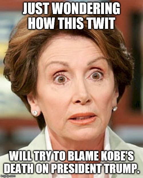 shocked nancy pelosi |  JUST WONDERING HOW THIS TWIT; WILL TRY TO BLAME KOBE'S DEATH ON PRESIDENT TRUMP. | image tagged in shocked nancy pelosi | made w/ Imgflip meme maker