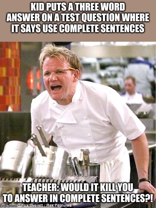 Chef Gordon Ramsay | KID PUTS A THREE WORD ANSWER ON A TEST QUESTION WHERE IT SAYS USE COMPLETE SENTENCES; TEACHER: WOULD IT KILL YOU TO ANSWER IN COMPLETE SENTENCES?! | image tagged in memes,chef gordon ramsay | made w/ Imgflip meme maker