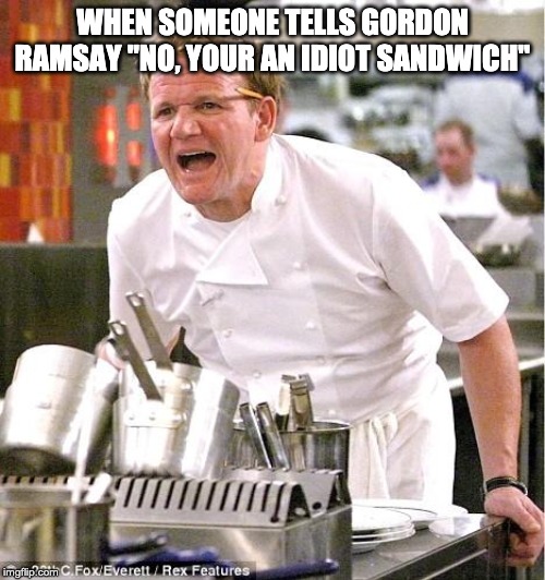 Chef Gordon Ramsay | WHEN SOMEONE TELLS GORDON RAMSAY "NO, YOUR AN IDIOT SANDWICH" | image tagged in memes,chef gordon ramsay | made w/ Imgflip meme maker