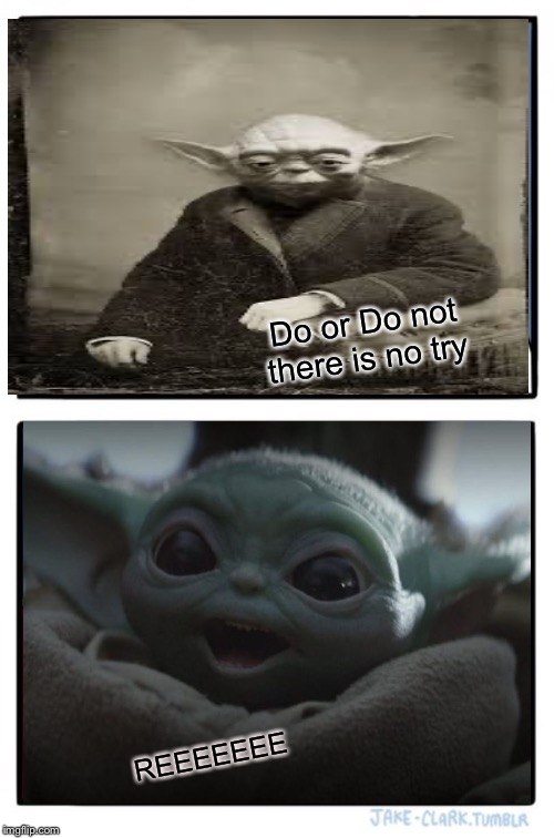 Two Buttons Meme | Do or Do not there is no try; REEEEEEE | image tagged in memes,two buttons,baby yoda | made w/ Imgflip meme maker