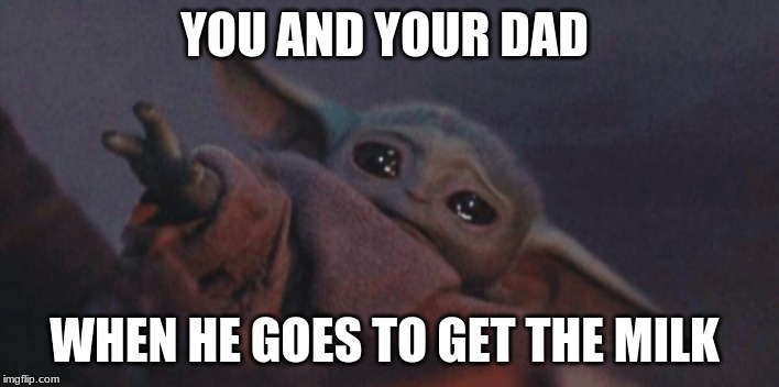 Baby yoda cry | YOU AND YOUR DAD; WHEN HE GOES TO GET THE MILK | image tagged in baby yoda cry | made w/ Imgflip meme maker