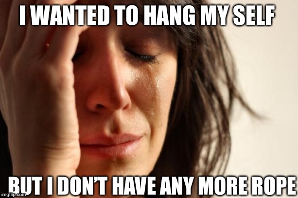 First World Problems Meme | I WANTED TO HANG MY SELF; BUT I DON’T HAVE ANY MORE ROPE | image tagged in memes,first world problems | made w/ Imgflip meme maker