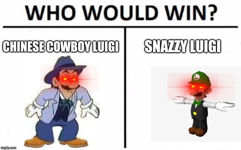 place your bets in comments | SNAZZY LUIGI; CHINESE COWBOY LUIGI | image tagged in memes,who would win | made w/ Imgflip meme maker