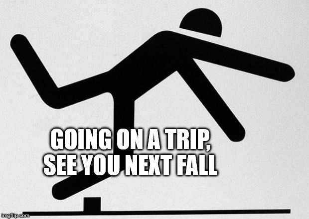 tripping stick | GOING ON A TRIP, SEE YOU NEXT FALL | image tagged in tripping stick | made w/ Imgflip meme maker