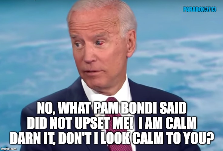 Both eyes likely filled with blood after Pam Bondi exposed the Bidens the way she did. | PARADOX3713; NO, WHAT PAM BONDI SAID DID NOT UPSET ME!  I AM CALM DARN IT, DON'T I LOOK CALM TO YOU? | image tagged in memes,biden,democrats,impeachment,politics,corruption | made w/ Imgflip meme maker