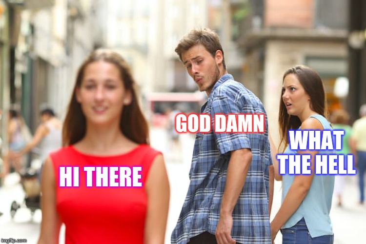 Distracted Boyfriend Meme | GOD DAMN; WHAT THE HELL; HI THERE | image tagged in memes,distracted boyfriend | made w/ Imgflip meme maker