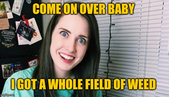 COME ON OVER BABY I GOT A WHOLE FIELD OF WEED | image tagged in overly attached girlfriend | made w/ Imgflip meme maker