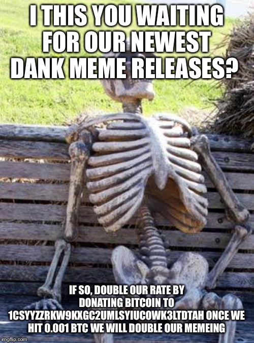 Check out our account | I THIS YOU WAITING FOR OUR NEWEST DANK MEME RELEASES? IF SO, DOUBLE OUR RATE BY DONATING BITCOIN TO 1CSYYZZRKW9KXGC2UMLSYIUCOWK3LTDTAH ONCE WE HIT 0.001 BTC WE WILL DOUBLE OUR MEMEING | image tagged in memes,dank memes,dank meme,bitcoin,donation,donations | made w/ Imgflip meme maker