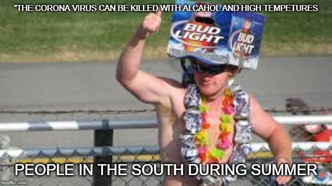 good with bud | "THE CORONA VIRUS CAN BE KILLED WITH ALCAHOL AND HIGH TEMPETURES; PEOPLE IN THE SOUTH DURING SUMMER | image tagged in good with bud | made w/ Imgflip meme maker