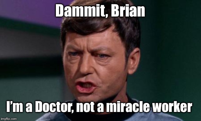 Dammit Jim | Dammit, Brian I’m a Doctor, not a miracle worker | image tagged in dammit jim | made w/ Imgflip meme maker