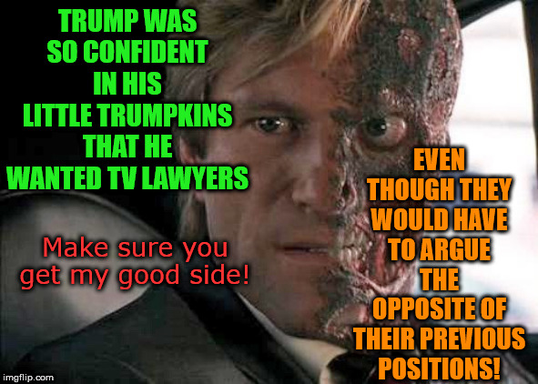 It's not a good look for any defense! | EVEN THOUGH THEY WOULD HAVE TO ARGUE THE OPPOSITE OF THEIR PREVIOUS POSITIONS! TRUMP WAS SO CONFIDENT IN HIS LITTLE TRUMPKINS THAT HE WANTED TV LAWYERS; Make sure you get my good side! | image tagged in two face,memes,politics | made w/ Imgflip meme maker