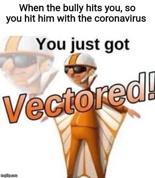 Right back at you, buckaroo! | When the bully hits you, so you hit him with the coronavirus | image tagged in you just got vectored,coronavirus,bully,dark humor,memes,china | made w/ Imgflip meme maker