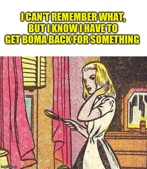 I CAN'T REMEMBER WHAT, BUT I KNOW I HAVE TO GET BOMA BACK FOR SOMETHING | made w/ Imgflip meme maker