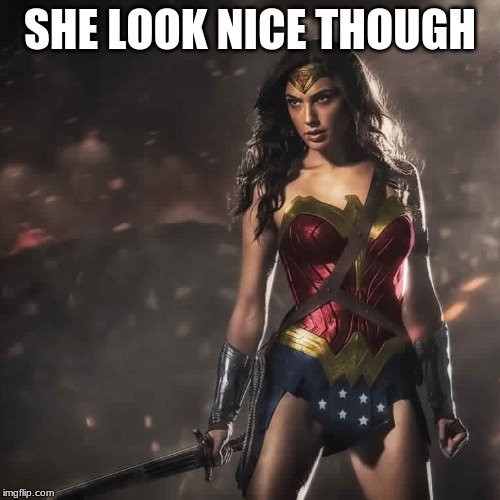 Badass Wonder Woman | SHE LOOK NICE THOUGH | image tagged in badass wonder woman | made w/ Imgflip meme maker