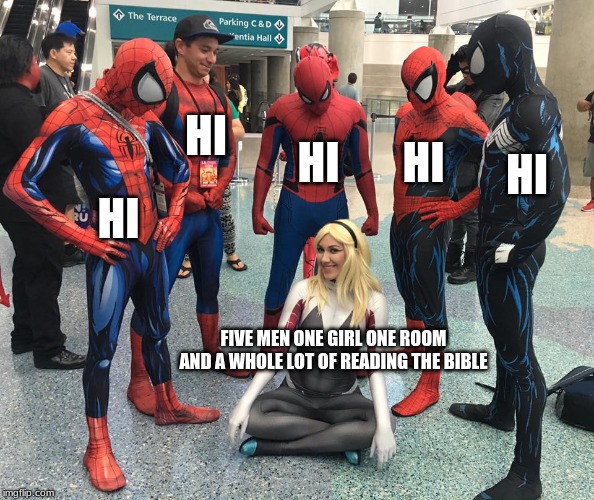 5 Spider-Man (Spider-Men?) and 1 Spider-Woman | HI; HI; HI; HI; HI; FIVE MEN ONE GIRL ONE ROOM AND A WHOLE LOT OF READING THE BIBLE | image tagged in 5 spider-man spider-men and 1 spider-woman | made w/ Imgflip meme maker