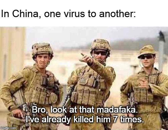 When you are in a war with China | In China, one virus to another:; Bro, look at that madafaka. I've already killed him 7 times. | image tagged in when you are in a war with china | made w/ Imgflip meme maker