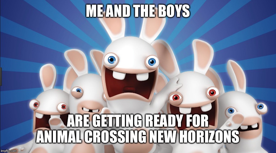 raving rabbids | ME AND THE BOYS; ARE GETTING READY FOR ANIMAL CROSSING NEW HORIZONS | image tagged in raving rabbids | made w/ Imgflip meme maker