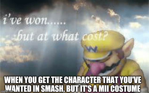 I've won but at what cost? | WHEN YOU GET THE CHARACTER THAT YOU'VE WANTED IN SMASH, BUT IT'S A MII COSTUME | image tagged in i've won but at what cost | made w/ Imgflip meme maker