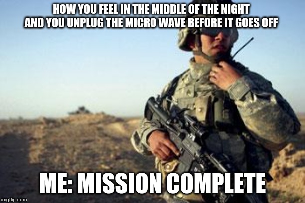 Soldier on Radio | HOW YOU FEEL IN THE MIDDLE OF THE NIGHT AND YOU UNPLUG THE MICRO WAVE BEFORE IT GOES OFF; ME: MISSION COMPLETE | image tagged in soldier on radio | made w/ Imgflip meme maker