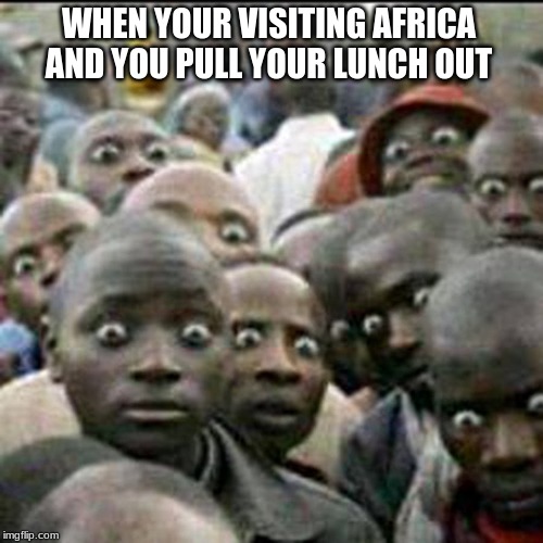 these how people look when they see soldiers passing by | WHEN YOUR VISITING AFRICA AND YOU PULL YOUR LUNCH OUT | image tagged in these how people look when they see soldiers passing by | made w/ Imgflip meme maker