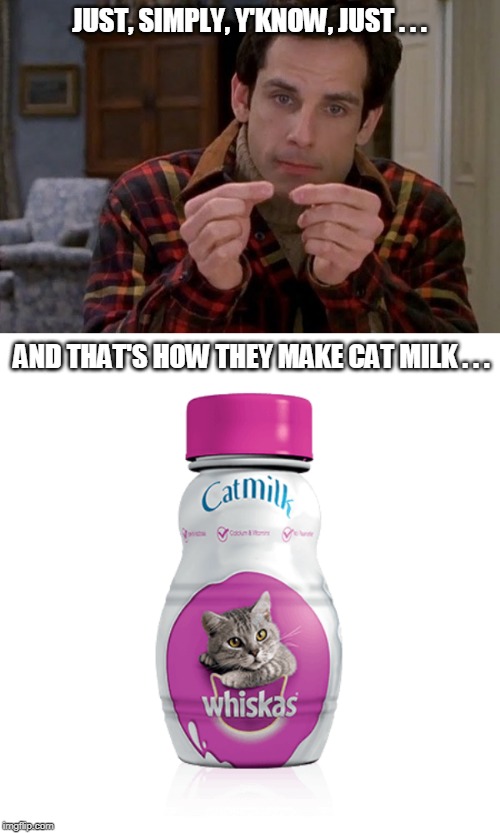 is it milk from a cat? | JUST, SIMPLY, Y'KNOW, JUST . . . AND THAT'S HOW THEY MAKE CAT MILK . . . | image tagged in cats,ben stiller,lol,pets,funny,milk | made w/ Imgflip meme maker