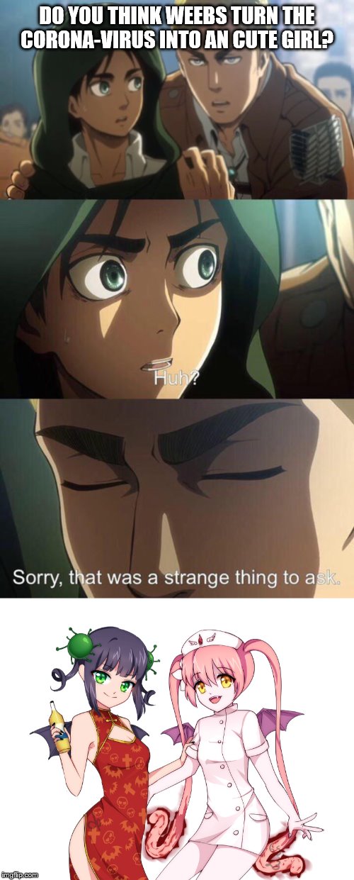 DO YOU THINK WEEBS TURN THE CORONA-VIRUS INTO AN CUTE GIRL? | image tagged in strange question attack on titan | made w/ Imgflip meme maker