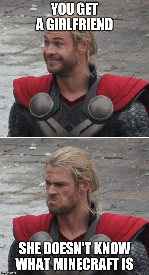 Thor happy then sad | YOU GET A GIRLFRIEND; SHE DOESN'T KNOW WHAT MINECRAFT IS | image tagged in thor happy then sad | made w/ Imgflip meme maker