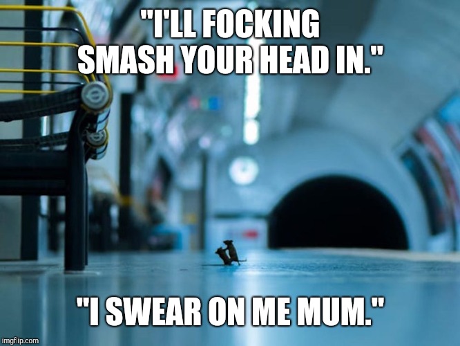 Subway Brawl | "I'LL FOCKING SMASH YOUR HEAD IN."; "I SWEAR ON ME MUM." | image tagged in subway brawl | made w/ Imgflip meme maker