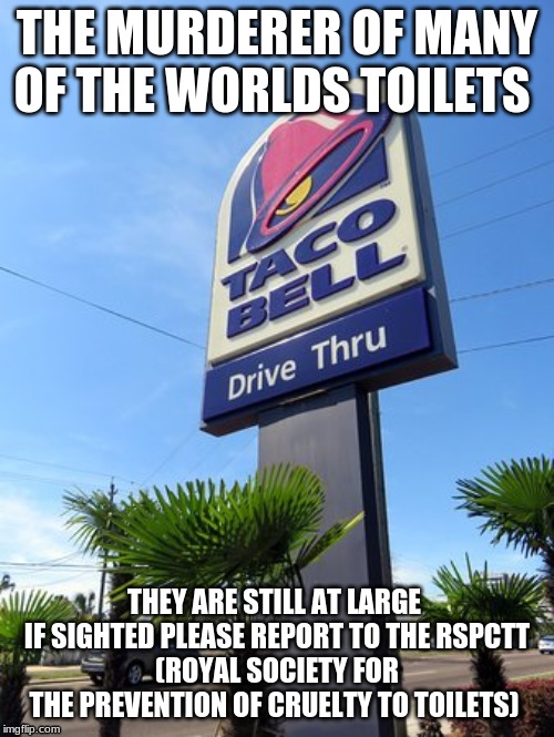 one can not simply JUST STOP CRAPPING AFTER USING THIS FACILITY | THE MURDERER OF MANY OF THE WORLDS TOILETS; THEY ARE STILL AT LARGE 
IF SIGHTED PLEASE REPORT TO THE RSPCTT
(ROYAL SOCIETY FOR THE PREVENTION OF CRUELTY TO TOILETS) | image tagged in taco tuesday,taco bell,why am i doing this | made w/ Imgflip meme maker