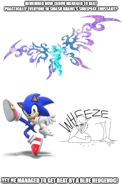 *wheeze!*  Ha ha ha ha! | REMEMBER HOW TABUU MANAGED TO BEAT PRACTICALLY EVERYONE IN SMASH BRAWL'S SUBSPACE EMISSARY? YET HE MANAGED TO GET BEAT BY A BLUE HEDGEHOG! | image tagged in blank white template,super smash bros,sonic the hedgehog,wheeze | made w/ Imgflip meme maker