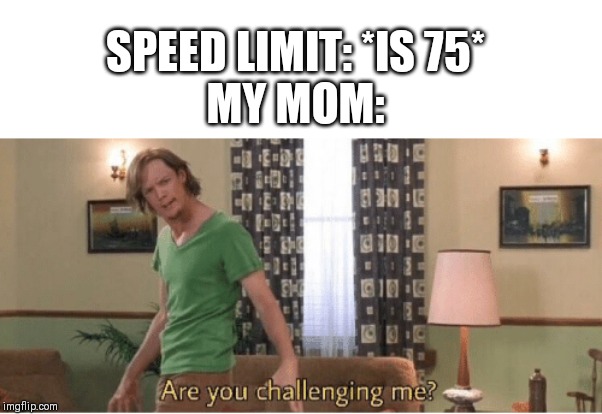 are you challenging me | SPEED LIMIT: *IS 75*
MY MOM: | image tagged in are you challenging me | made w/ Imgflip meme maker