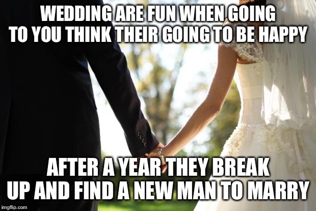 wedding | WEDDING ARE FUN WHEN GOING TO YOU THINK THEIR GOING TO BE HAPPY; AFTER A YEAR THEY BREAK UP AND FIND A NEW MAN TO MARRY | image tagged in wedding | made w/ Imgflip meme maker