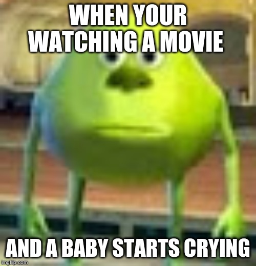 Sully Wazowski | WHEN YOUR WATCHING A MOVIE; AND A BABY STARTS CRYING | image tagged in sully wazowski | made w/ Imgflip meme maker
