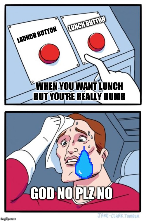 Two Buttons | LUNCH BUTTON; LAUNCH BUTTON; WHEN YOU WANT LUNCH BUT YOU'RE REALLY DUMB; GOD NO PLZ NO | image tagged in memes,two buttons | made w/ Imgflip meme maker