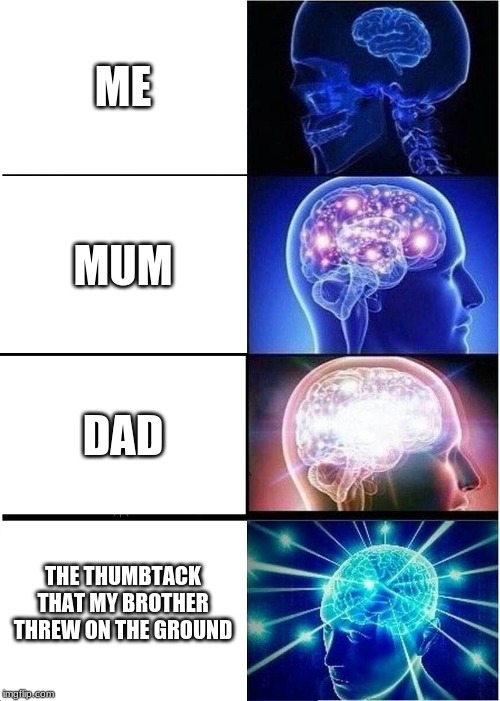 Expanding Brain | ME; MUM; DAD; THE THUMBTACK THAT MY BROTHER THREW ON THE GROUND | image tagged in memes,expanding brain | made w/ Imgflip meme maker