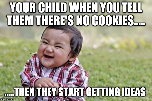 Evil Toddler | YOUR CHILD WHEN YOU TELL THEM THERE'S NO COOKIES..... .....THEN THEY START GETTING IDEAS | image tagged in memes,evil toddler | made w/ Imgflip meme maker