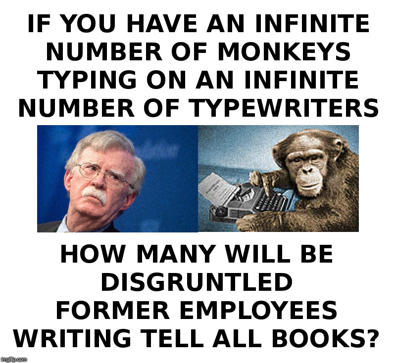 An Infinite Number of Disgruntled Former Employees | image tagged in monkeys typewriter,john bolton,democrats,impeachment,witch hunt,monkey business | made w/ Imgflip meme maker