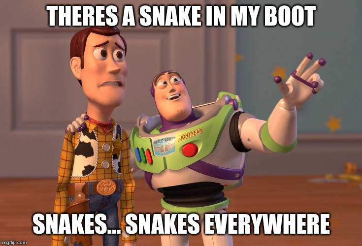 snakes everywhere | THERES A SNAKE IN MY BOOT; SNAKES... SNAKES EVERYWHERE | image tagged in memes,x x everywhere | made w/ Imgflip meme maker