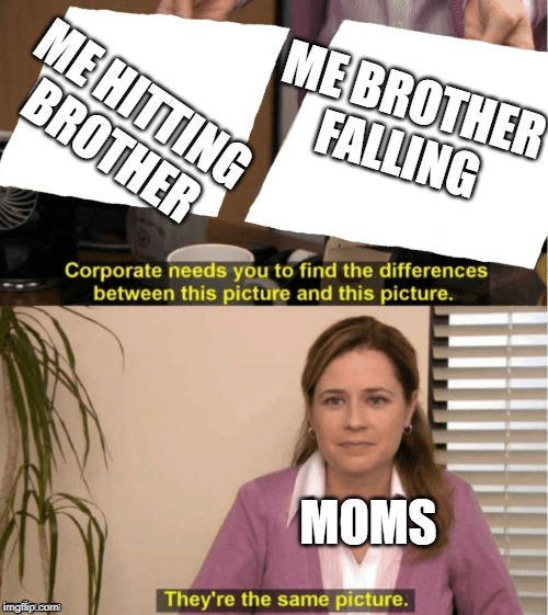 They're The Same Picture Meme | ME HITTING BROTHER; ME BROTHER FALLING; MOMS | image tagged in office same picture | made w/ Imgflip meme maker