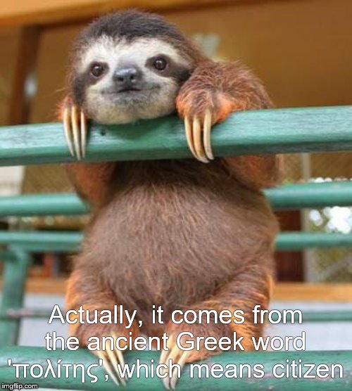 cute sloth | Actually, it comes from the ancient Greek word 'πολίτης', which means citizen | image tagged in cute sloth | made w/ Imgflip meme maker