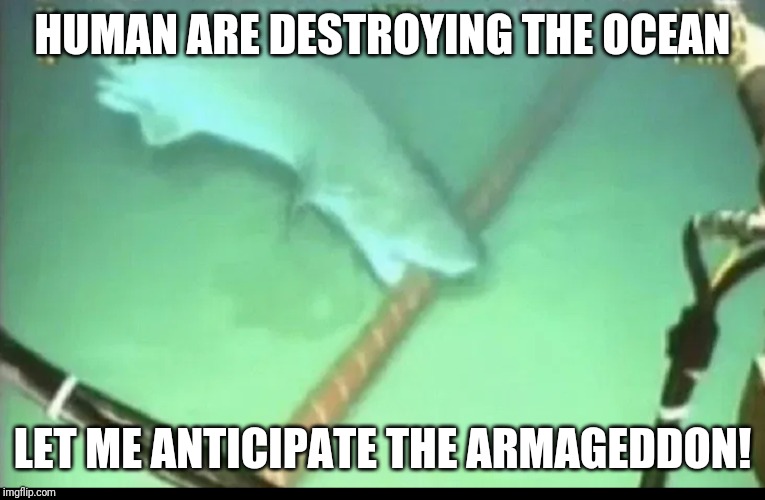 Shark Atack | HUMAN ARE DESTROYING THE OCEAN; LET ME ANTICIPATE THE ARMAGEDDON! | image tagged in shark atack | made w/ Imgflip meme maker