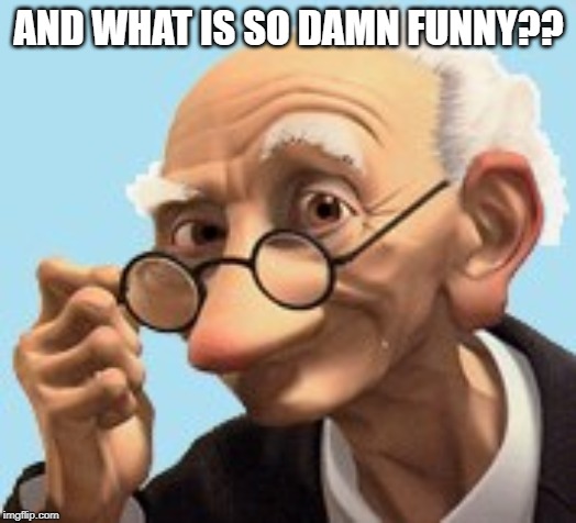 grinning old man | AND WHAT IS SO DAMN FUNNY?? | image tagged in grinning old man | made w/ Imgflip meme maker