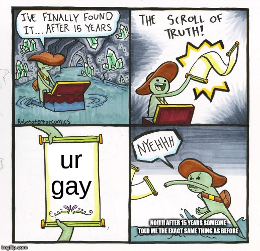 The Scroll Of Truth | ur gay; NO!!!!! AFTER 15 YEARS SOMEONE TOLD ME THE EXACT SAME THING AS BEFORE | image tagged in memes,the scroll of truth | made w/ Imgflip meme maker