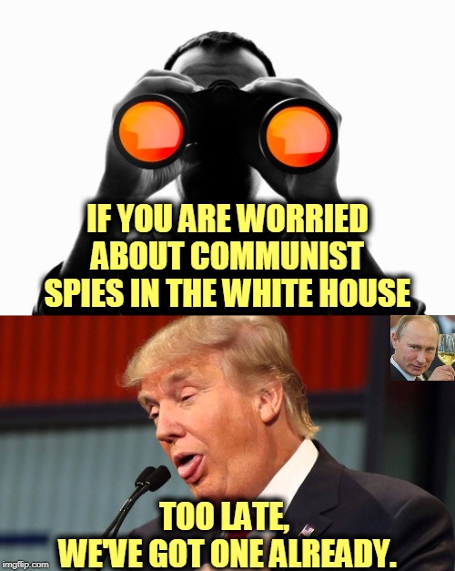 Upset about the Communist influence in our government? | IF YOU ARE WORRIED ABOUT COMMUNIST SPIES IN THE WHITE HOUSE; TOO LATE, 
WE'VE GOT ONE ALREADY. | image tagged in trump,putin,russia,communist,kgb,spy | made w/ Imgflip meme maker